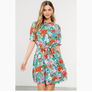 THML Women's Floral Mini Dress - Red and Green